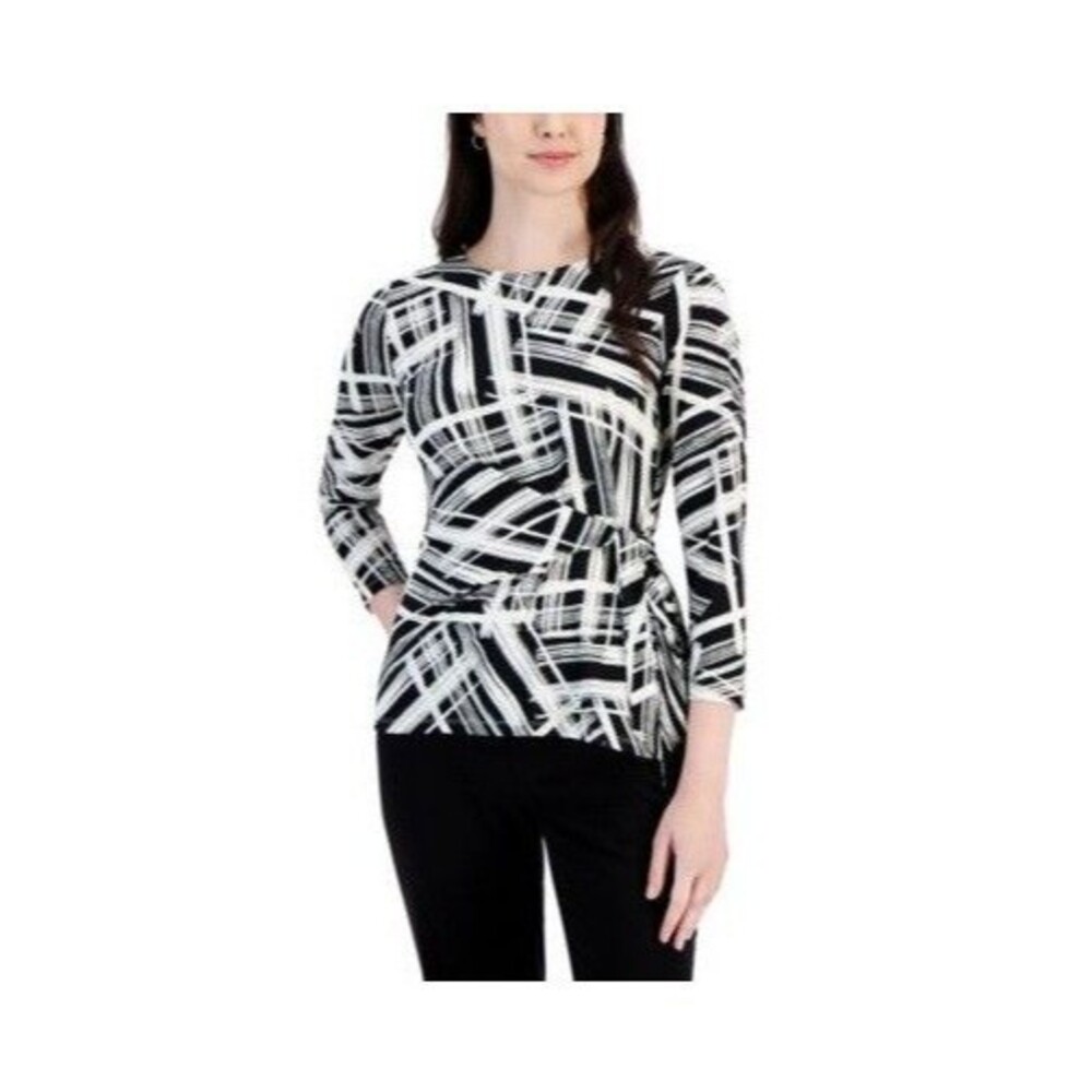 Kasper Womens Petite PS Black Vanilla Ice Printed 3/4 Sleeve Top NWT CO23